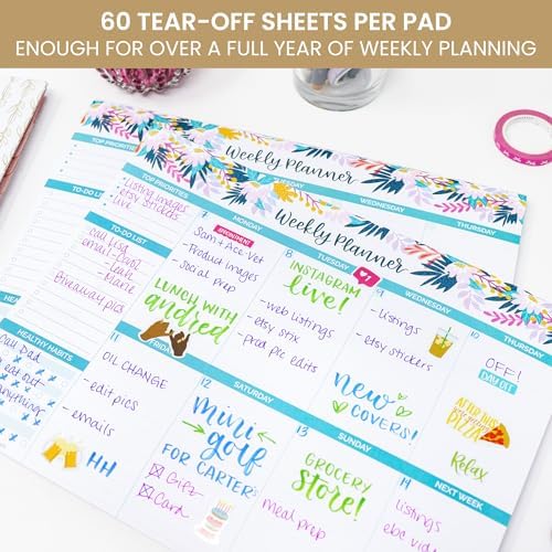 bloom daily planners Horizontal Weekly Tear-Off To Do List Planning Pad - Undated Notepad Organizer & Healthy Habit Tracker - 8.5” x 11” - Floral