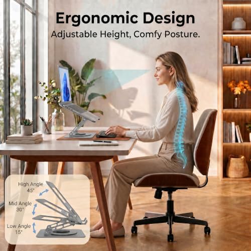 Aluminum Laptop Stand for Desk, Heavy Duty Computer Stand with 360° Rotating Base, Ergonomic Adjustable Height Notebook Riser, Compatible with MacBook Pro/Air, Dell, HP, 10-17” Laptops - Silver
