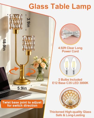 Mid Century Modern Table Lamp Dimmable Vintage Gold Glass Lamp Gift