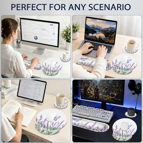 Lavender Butterfly Wrist Rest Mouse Pad and Keyboard Support Set,Purple 3 in 1 Ergonomic Memory Foam Mousepad with Non Slip Base, Gaming Mouse Pad for Office and Home