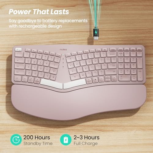 Nulea RT05 Wireless Ergonomic Keyboard, Split Keyboard with Wrist Rest, USB-C Charging, 7-Color Backlight, Natural Typing, Bluetooth and USB Connectivity, Compatible with Windows/Mac(Pink)