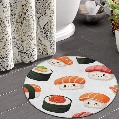 Soft Round Yoga Carpet, Large Home Decor Mat, Non Slip Machine Washable Kitchen Office Circle Rug Kawaii Food Theme Japanese Sushi