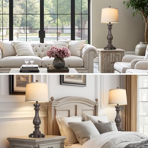 Cinkeda 29" Tall Farmhouse Table Lamp for Living Room Set of 2,Vintage Retro Nightstand Lamps with USB C+A Ports & AC Outlet,3-Way Dimmable Touch Bedside Lamp for Bedroom End Table,Earthy Tone