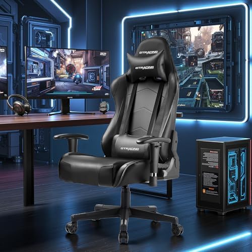 GTRACING Gaming Chair with Reclining Backrest, Adjustable Height and Swivel Base, Ergonomic Computer Chair with Headrest and Lumbar Support (Black)