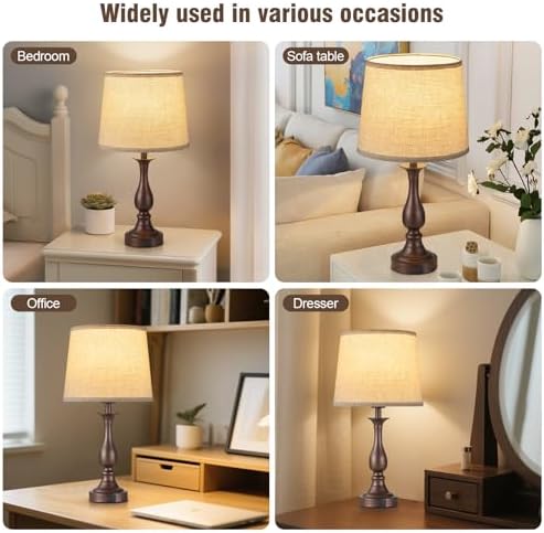 Bedside Table Lamp Touch Control Bedroom Lamps with USB A + C Charging Port 3 Way Dimmable Touch Lamps for Nightstand Living Room Bedroom Dorm Home Office Reading, Set of 2 (Beige Shade & Brown Base)