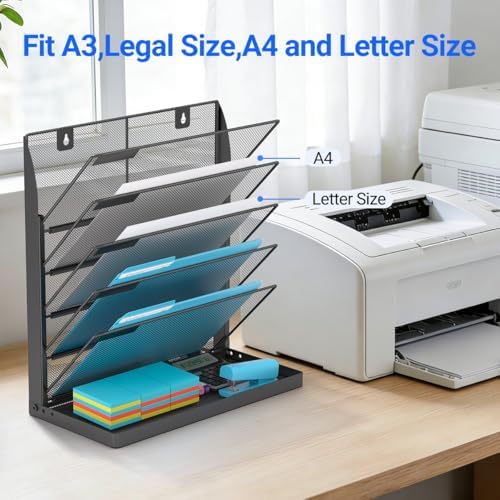 Legal/Letter Size 6 Tier Wall File Organizer,2-in-1 Wall Mounted&Desktop File Holder,2 Installation Methods Screws & Adhesive,Mesh Document Organizer with Label Plate for Home Office