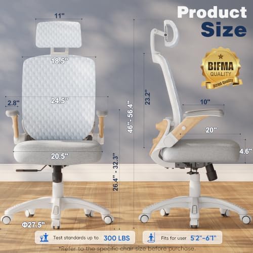 Ergonomic Office Chair, High Back Home Desk Chair with Flip-Up Arms, 3D Headrest, 90-120° Tilt and Wide Cushion Seat, Big and Tall Computer Chairs for Man Woman, Mesh Chair Black Woodgrain