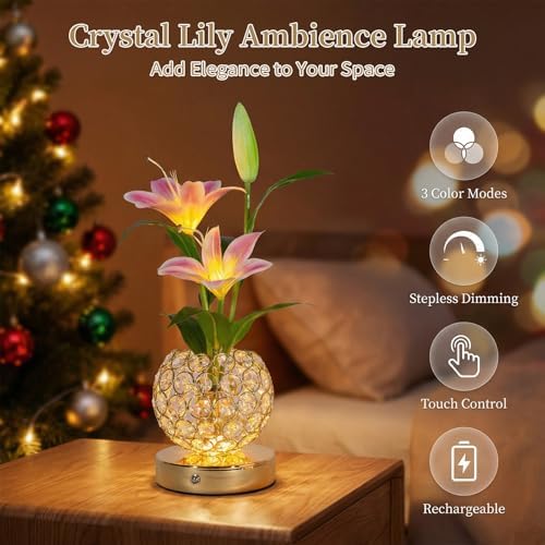 Stargazer Lily Flowers Crystal Table Lamp, Rechargeable Touch Night Lamp
