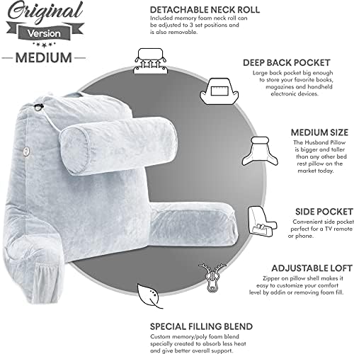 Husband Pillow Medium Reading Pillow with Arms - 23" Backrest for Sitting Up in Bed - Firm Support Bed Rest Pillow for Adults, Neck Roll, Removable Cover - TV, Reading, Lounging - Light Grey