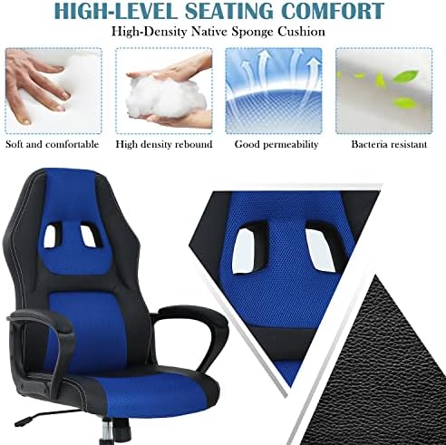 Blue Gaming Chair for Kids, Ergonomic Office Chair Computer Chair with Adjustable High Back & Armrest, PU Leather Gamer Chair with 360°Swivel, Heavy Duty Gaming Chairs for Adults, Teens