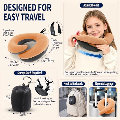 BUYUE Kids Travel Pillows for Airplane, Memory Foam 360° Head Support Sleeping Essentials for Long Flight, Skin-Friendly Soft Neck Pillow for Traveling in Car Seat, (Small, Orange Grey, 40-90 lbs)
