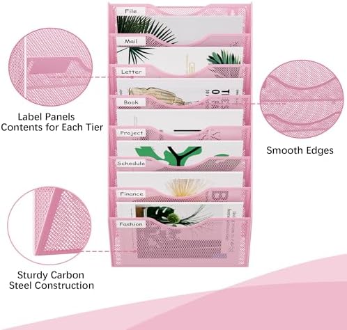 EasyPAG 8 Pocket Mesh Wall File Organizer, Hanging Paper Folder Holder with Classify Label, Vertical Wall Mount Mail Organizer for Office Home Classroom, Pink