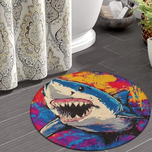 Home Decor Non Slip Kitchen Office Circle Rug, Machine Washable Modern Round Area Rug, Room Sofa Yoga Soft Round Carpet Cute Shark Graffiti Art, 36inch