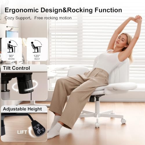 Misolant Criss Cross Chair with Armrests & Wheels for Cross-Legged Sitting, Comfortable PU Leather Vanity Chair, Office Desk Chairs with Adjustable Rocking Function, for Home, Bedroom White