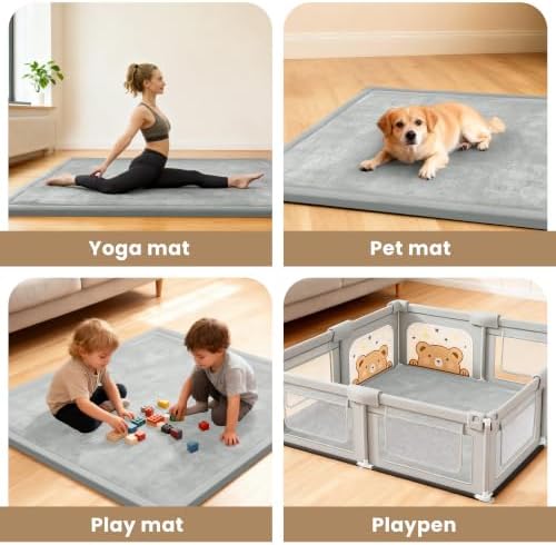 ACOMOPACK Baby Play Mat for Floor,1.3" Thick Elasti-Foam 59"×71" Non-Slip Water Repellent,Non-Toxic Playpen Mat for Infants Toddlers Kids, Ultra Soft Coral Velvet for Tummy Time Crawling（Light Grey）