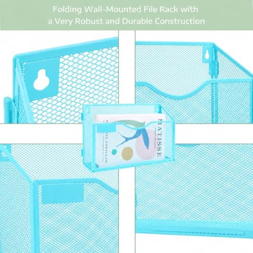3 Packs 1 Tier A4 Mesh in Tray Hanging Wall File Holder Magazine Document Holder Mail Organiser Magazine Storage Rack,Durable Metal Mesh Filing Storage, Sky Blue