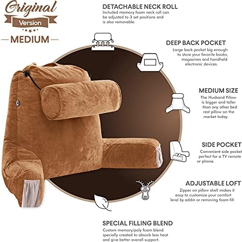 Husband Pillow Medium Reading Pillow with Arms - 23" Backrest for Sitting Up in Bed - Firm Support Bed Rest Pillow for Adults, Neck Roll, Removable Cover - TV, Reading, Lounging - Tan