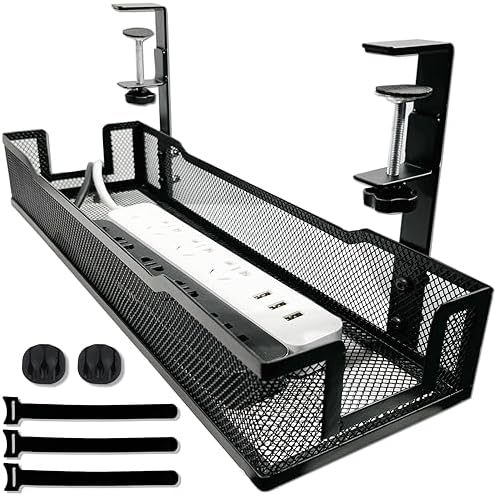 No Drill Under Desk Cable Management Tray with clamp-Premium Wire Tray Cord Organizer – Thin Steel Cable Tray Basket with Charger Holder for Desk–Black Cable Management Box–Easy to Install