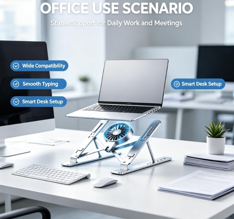 Laptop Stand for Desk, Foldable Portable Laptop Stand Notebook Holder, Detachable Silent Cooling Fan Notebook Mount Stand for 10-15.6” LaptopsTablets Perfect for Office/Home (Black)