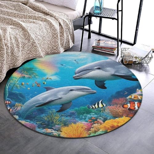 Large Round Area Rug Home Decor Modern Bathroom Rug Kitchen Office Circle Rug for Living Room Sofa Circle Cute Mat Blue Ocean Underwater World Dolphin Art, 60inch