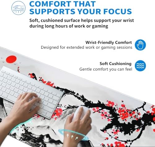 Extended Sakura Zen Desk Mat, XXL Large Gaming Mouse Pad, Japanese Cherry Blossom Stitched Edges Waterproof with Non-Slip Rubber Basefor Computer Keyboard Laptop Work Home Office 35.4"x15.7"