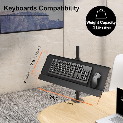 PUTORSEN Keyboard Tray Pole Mount - Keyboard & Mouse Mount fits Most Standard and Oversized Keyboards, Tilt & Rotation, Holds up to 2.2lbs, Black