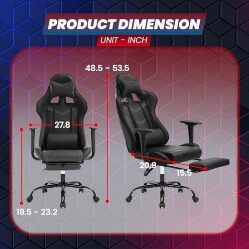 PC Gaming Chair with Footrest, Ergonomic Home Office Chair with Lumbar Support & Headrest Pillow, Black