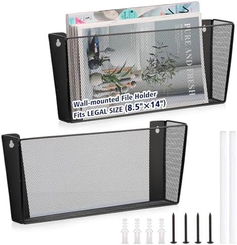 2 Pack Single Pocket Wall File Holder Legal Size Metal Mesh Hanging File Folder Paper Organizer Black Wall Mounted Mail Organizer Magazine Rack for Office Home School 15.7" L x6.9 Wx3.4 H