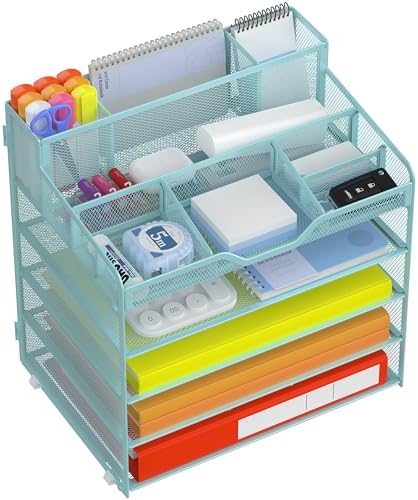 Docnest 5 Tier Mesh Desk Organizer with Letter Tray & Paper Sorter, Blue