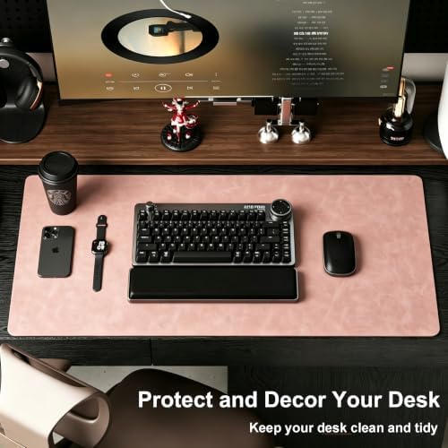 Distressed Leather Desk Mat - Non-Slip PU Leather Desk Pad Protector - Large Waterproof Mouse Pad Computer Keyboard Desk Mat Desk Accessories for Office & Home (Pink, 31.5"x15.7")