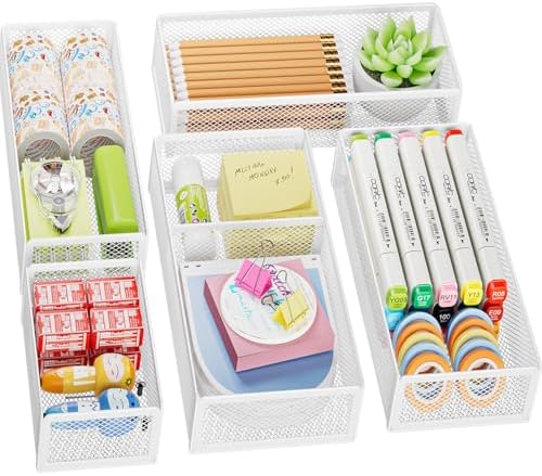 Marbrasse 5 Pack Desk Drawer Organizer Set, Mesh Drawer Storage Trays with 1 Adjustable Divider, Desk Organizers and Accessories, 5 PCS Drawer for Office Supplies, Makeup & Vanity (White)