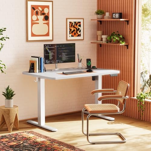 Huuger 39 X 24 Inch Electric Standing Desk with Power Outlets and USB-C Port, Height Adjustable Desk, Sit Stand Desk for Home Office, Computer & Gaming Desk with 3 Presets, Stable Steel Frame, White