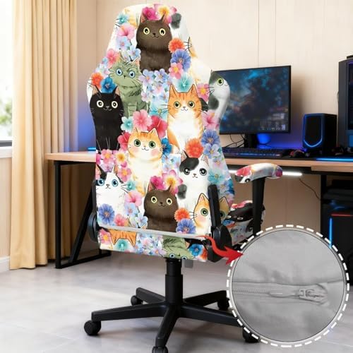 Cats Floral Print Gaming Chair Cover Stretchable 4 Piece Furniture Protector Non Slip Breathable Gaming Chair Slipcover with Armrest Covers