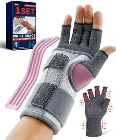 FEATOL Compression Arthritis Glove with Wrist Brace, Comfortable Fingerless Carpal Tunnel Hand Gloves for Women Night Support, Pain Relief for Rheumatoid Arthritis, Work, Typing - Right Hand, Medium