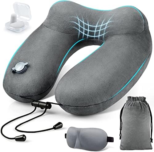 Inflatable Travel Neck Pillow for Airplanes, Super Soft Velvet Neck Support, Adjustable Firmness, Blow Up Plane Pillow for Long Flights, Road Trips, Travel Essentials with Eye Mask, Earplug