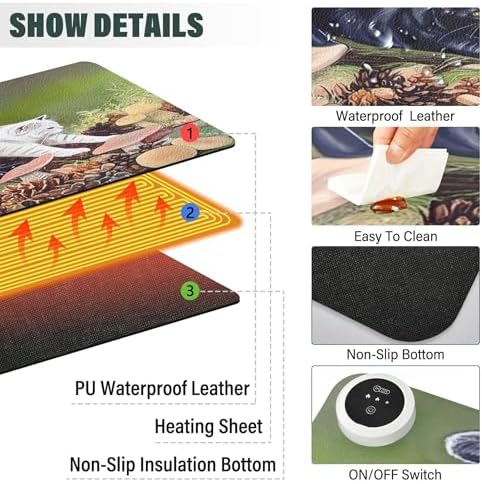 Cat Stretching Heated Mouse Pad Gaming Mouse Pad Waterproof PU Leather Mat Keep Your Hand Foot Warmer, 3 Heat Levels & Auto Shut-Off for Home Office 13x31.5 in