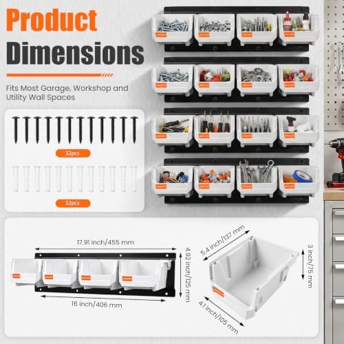 16pc Wall-Mounted Storage Organizer Set with Metal Rails White