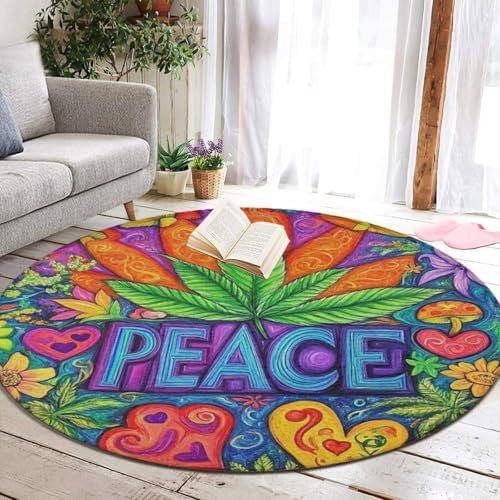 Room Sofa Yoga Soft Round Carpet, Home Decor Non Slip Kitchen Office Circle Rug, Machine Washable Modern Round Area Rug Peace and Love Colorful Flower Weed Leaf, 36inch