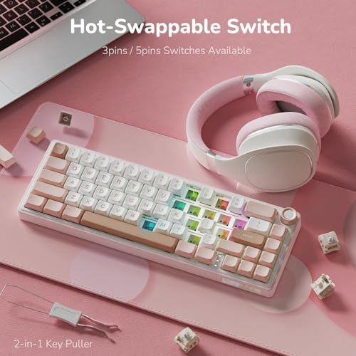 RK ROYAL KLUDGE R65 Wired Mechanical Keyboard with Volume Knob, 60% Percent RGB Backlit Gasket Mount Gaming Keyboard with PBT Keycaps, MDA Profile, QMK/VIA, 66 Keys Hot Swappable Cream Switch, Pink