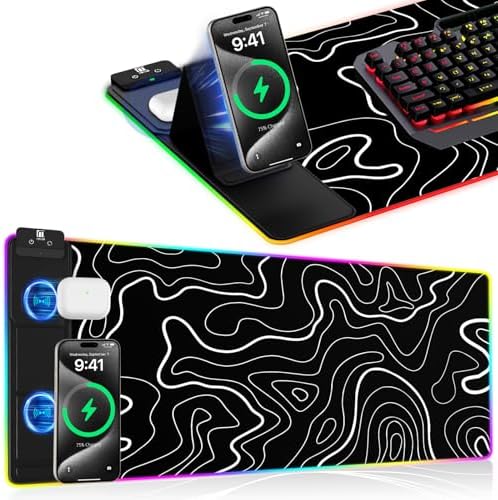 XXL Mouse Pad with Phone Holder - Black, RGB Desk Mat with 15W Fast Charging, LED Gaming Mousepad with 11 Light Colors, Waterproof Non-Slip Pad for Office & Home (Topographic)