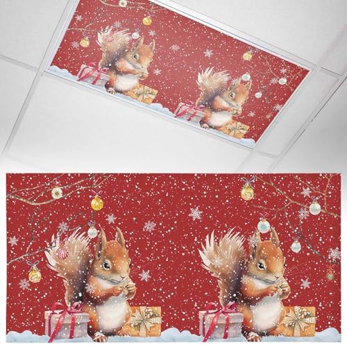 1 Pcs Fluorescent Light Covers for Ceiling Lights,Cute Squirrel Christmas Snowflake on Red,Magnetic Light Filters Drop Fluorescent Lights Shade for Office Xmas Bell on Branch