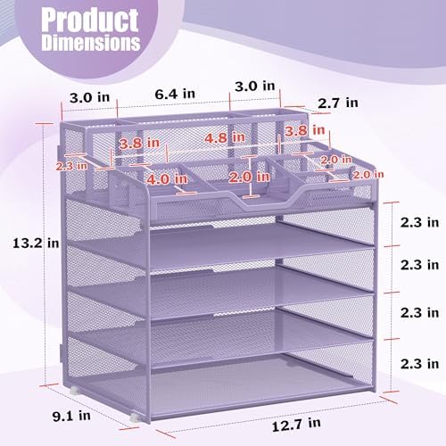Docnest 5 Tier Mesh Desk Organizer with Letter Tray & Paper Sorter, Purple