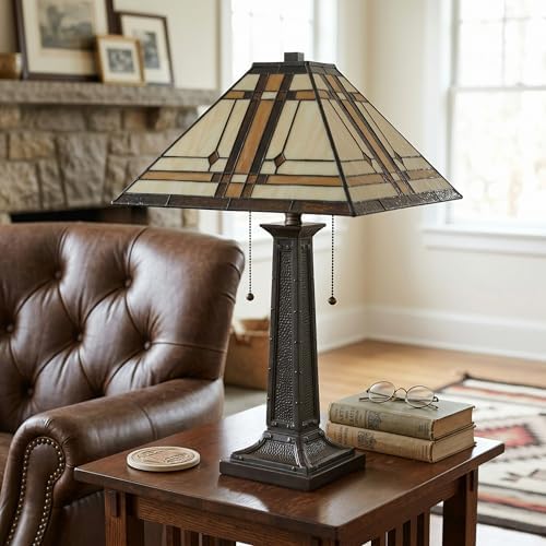 Lavish Home Tiffany Style Table Lamp with Stained Glass Shade, Bronze