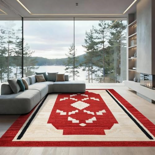 8'x10' Red Ivory Cat Crimson Boho Geometric Washable Area Rug