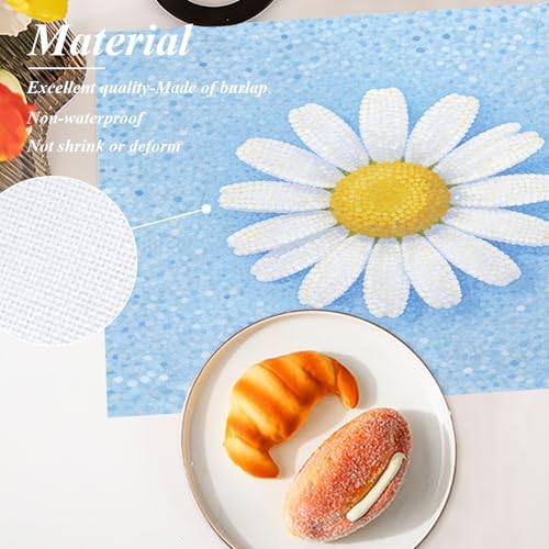 Shrahala Botanical Daisy Set of 4 12 x 18 Inch Linen Placemats, Soft Blue Background Burlap Table Mat Washable Double Layered Heat Insulation for Indoor/Outdoor