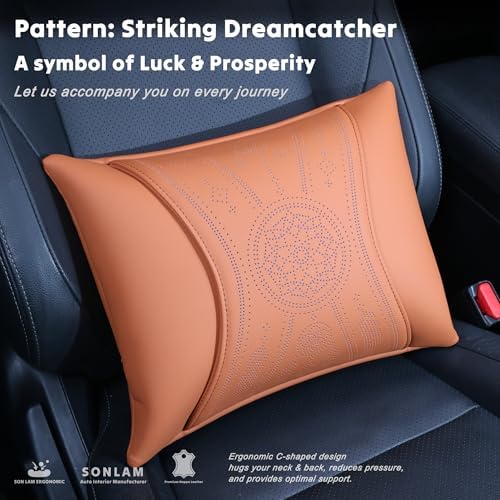 Neck & Back Support Pillow Set for Car & Office Chair - Prosperity & Luck Dreamcatcher - Orthopedic Lumbar & Cervical Pillow for Pain Relief &Posture Correction (Neck & Back Pillows (Cognac Brown))