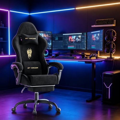 Ferghana Ergonomic Velvet Fabric Gaming Chair with Embroidery Fire, Massage Lumbar Support & Retractable Footrest, Reclining Racing Computer Office Desk Chair for Adults, Black