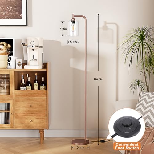 Ziisee Floor Lamps for Living Room - Industrial Standing Lamp with Glass Shade, Modern Floor Lamp with LED Bulbs, Farmhouse Floor Lamp for Bedroom, Tall Lamp for Office - Brown