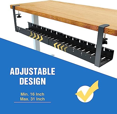 No Drilling Extendable Under Desk Cable Management, Metal Cable Management Tray Under Desk with Clamp, Retractable Power Strip Cord Holder for Wire Management 31Inch (2 Pack Extendable 31')