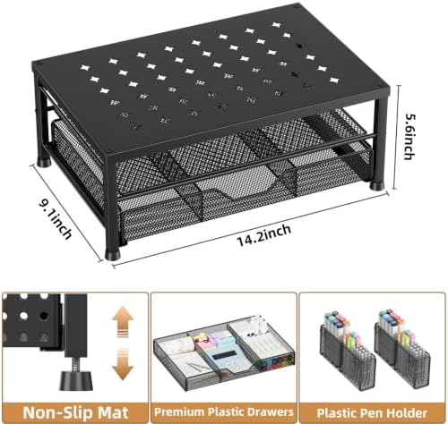 Monitor Stand Riser with Mesh Drawer and 2 Pen Holders, Black Star Vent Top